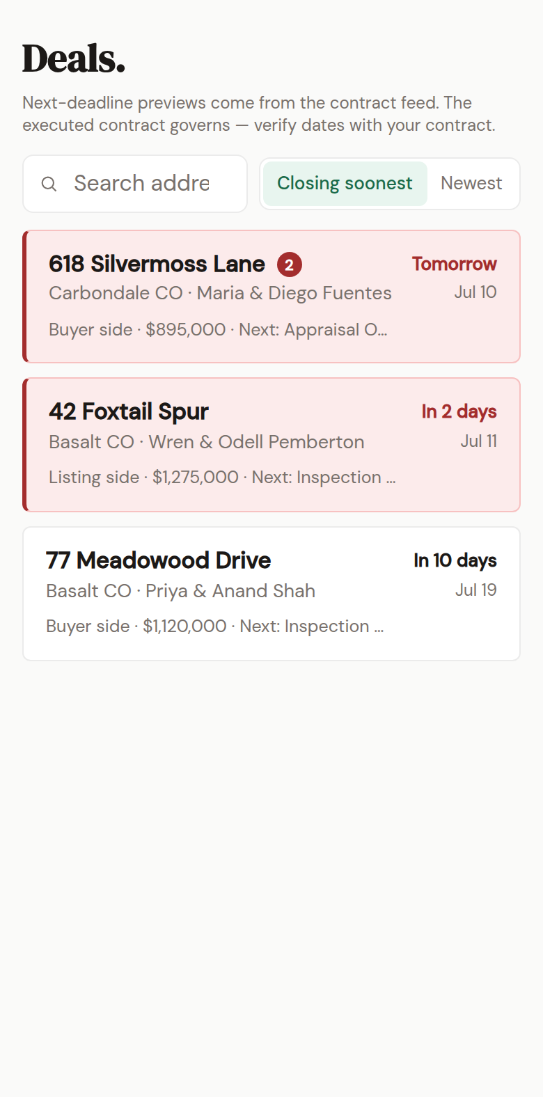 The Deals list: every active deal with its next deadline, unread-update badges, search and sort