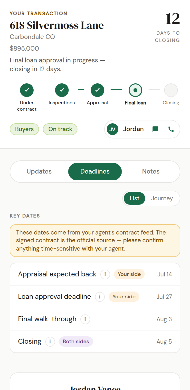 Client portal Deadlines tab: key dates with whose-move badges and info buttons