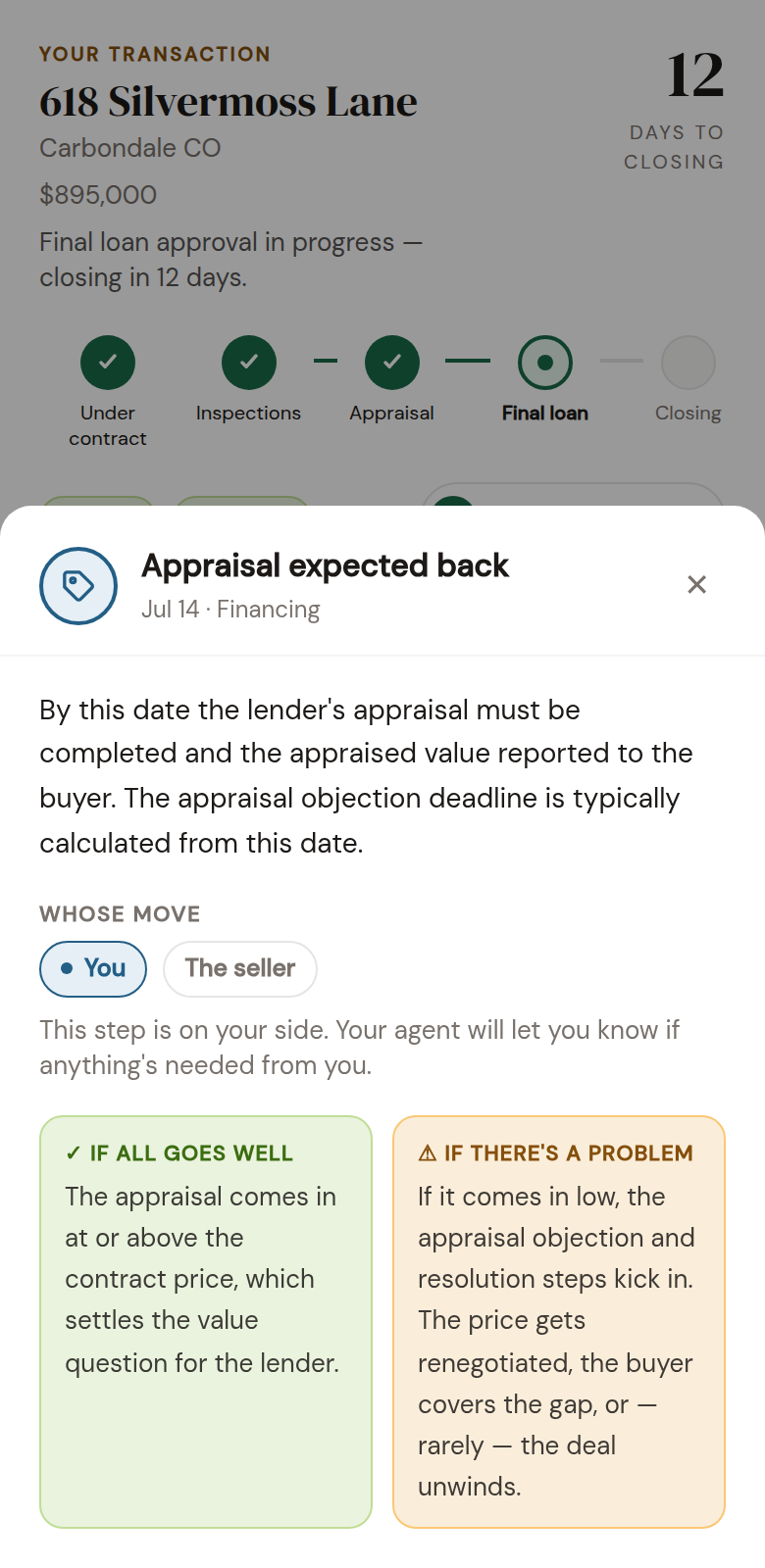 Deadline explanation sheet describing the appraisal deadline in plain English with if-all-goes-well and if-there's-a-problem cards