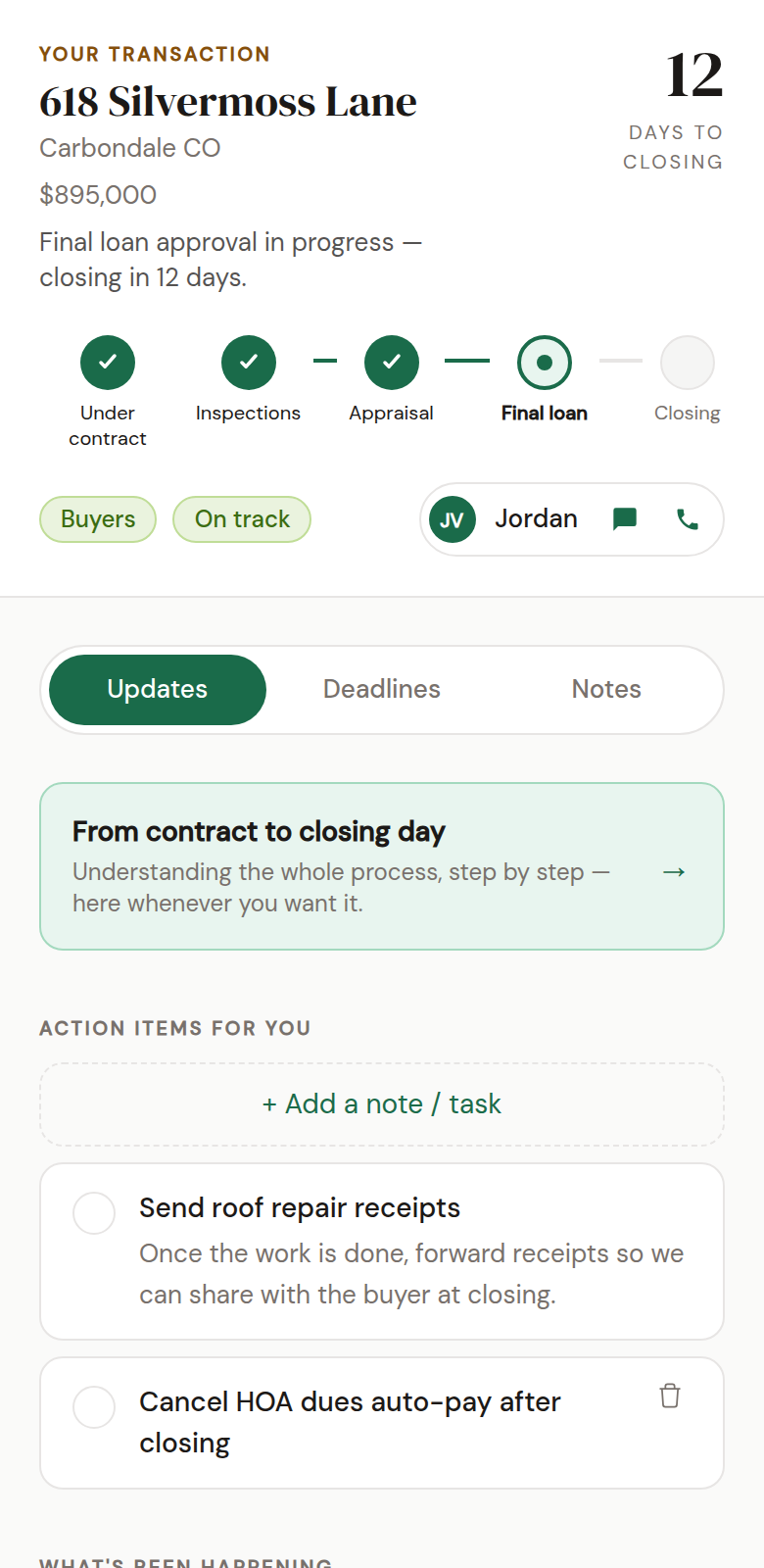 Client portal Updates tab: days-to-closing countdown, milestone progress bar, agent contact card, and action items